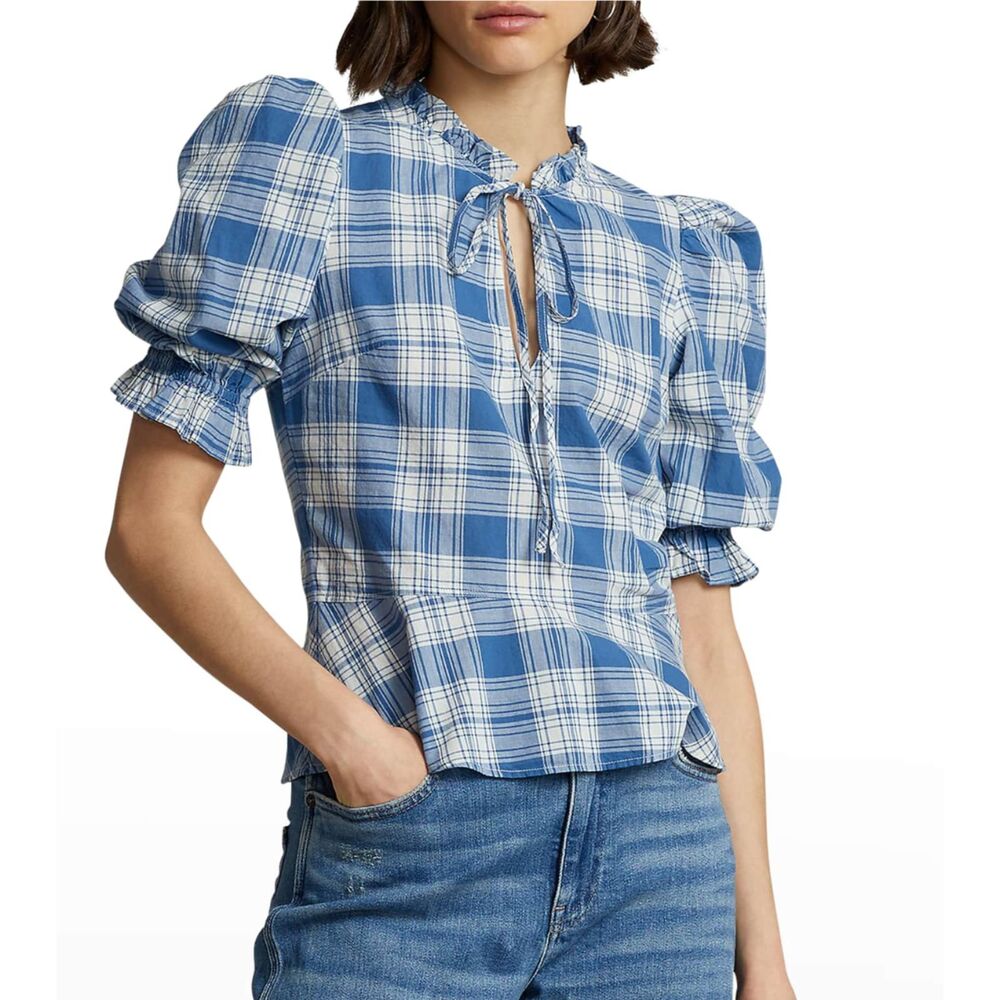 EUC Polo Ralph Lauren Cassie Plaid Peplum Blouse Cotton Madras Puff Sleeve Sz 0